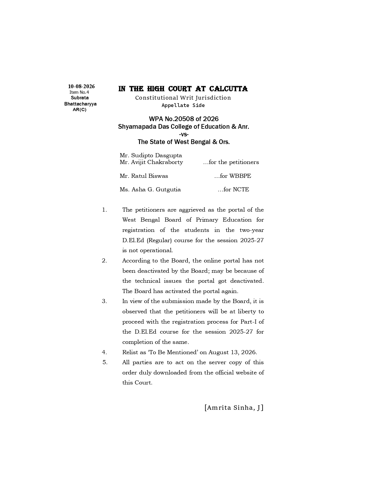 Calcutta High Court Order